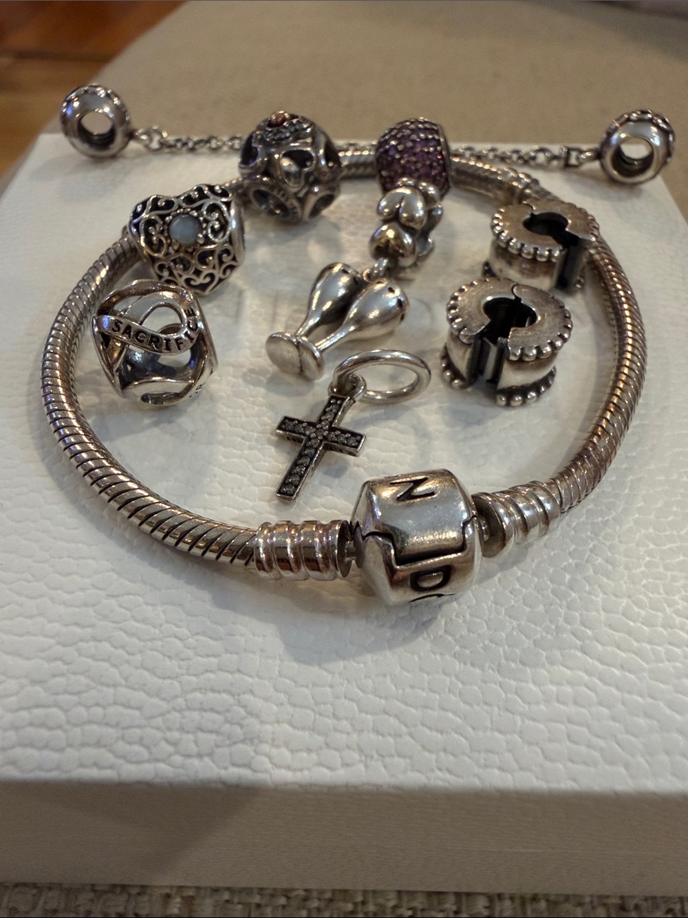 Pandora Sterling Silver Charm Bracelet with Cross and Decorative Beads. size: 7” - Picture 2 of 13